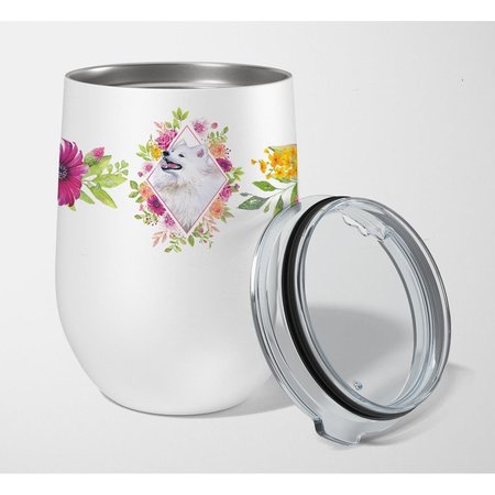 CAROLINES TREASURES 12 oz Samoyed Pink Flowers Stainless Steel Stemless Wine Glass CK4177TBL12
